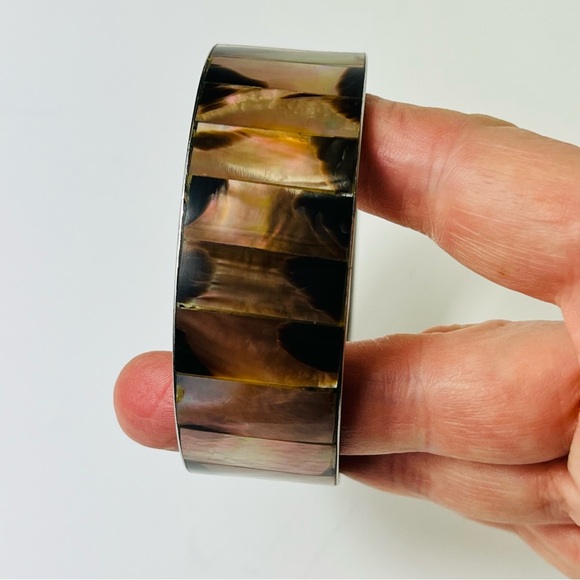 LUSTROUS ABALONE SHELL PANEL MEXICAN SILVER CUFF BANGLE BRACELET - Picture 9 of 10